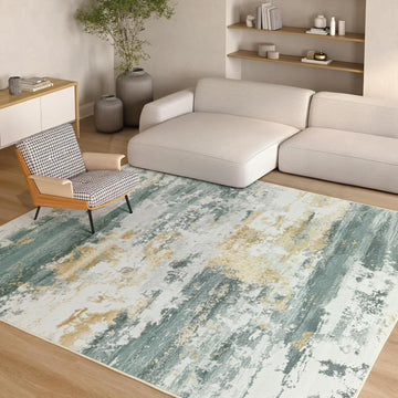 Washable Area Rug for Living Room, 8x10 Non Slip Modern Abstract Green Rugs, Easy Clearning Low Pile Large Carpet for Bedroom, Dining Room, Nursery, Office