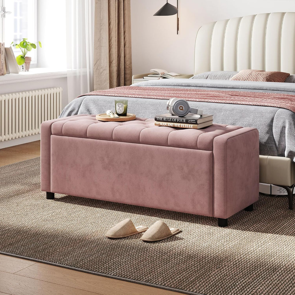 49" Velvet Ottoman with Storage, Upholstered End of Bed Storage Bench, Large Ottoman Foot Rest , Pink