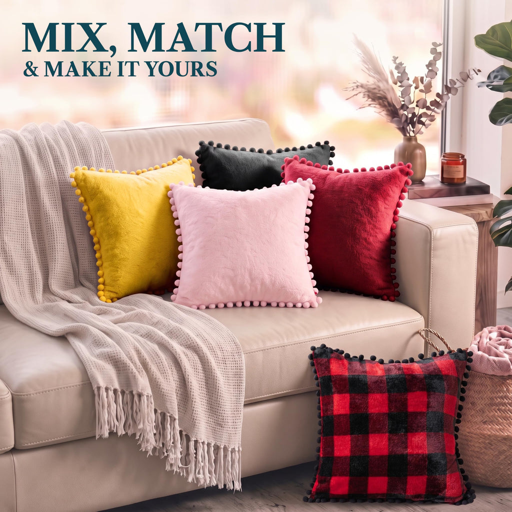 Plaid Red Decorative Throw Pillow Covers Pom Pom 18x18 Set of 2