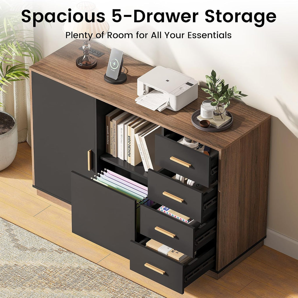 47.2" File Cabinet with 5 Drawer & Door, Charging Station | Office Storage Cabinet with Adjustable Shelves, Fits