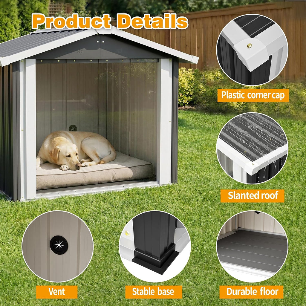 Metal Dog House for Large Dogs, Durable Waterproof Dog Kennel with Steel Frame, Removable Floor, Easy to
