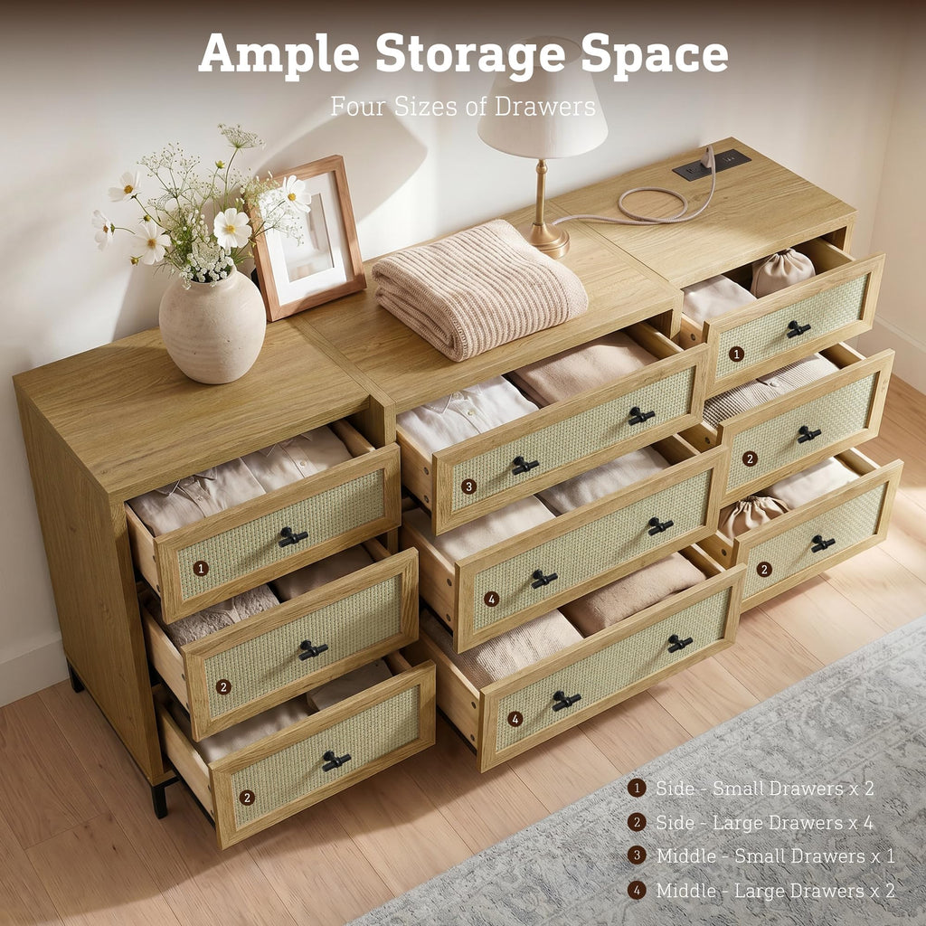 9 Drawers Dresser, 63" Wide Rattan Dressers w/Charging Station