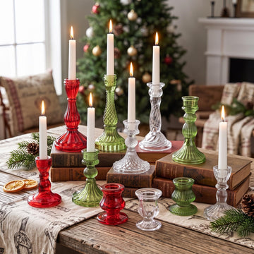 12 Pcs Christmas Clear Glass Taper Candle Holders 0.8 Inch Ribbed