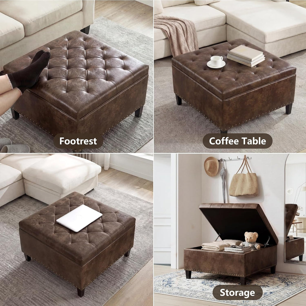 Faux Leather Storage Ottoman Bench, Square Tufted Coffee Table | 29.5" Nailhead Trim Upholstered Ottoman with