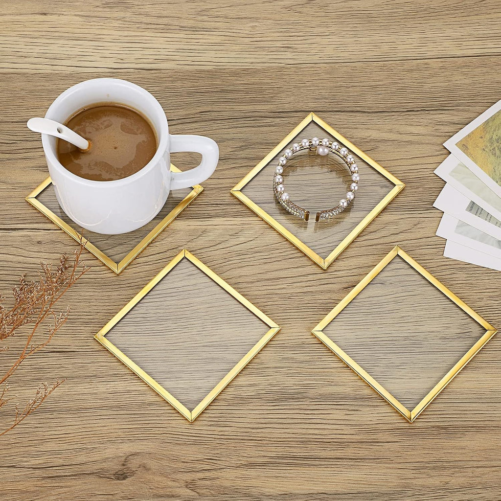 Gold Brass Clear Glass Round Coaster with Holder for Drinks - Set of 7