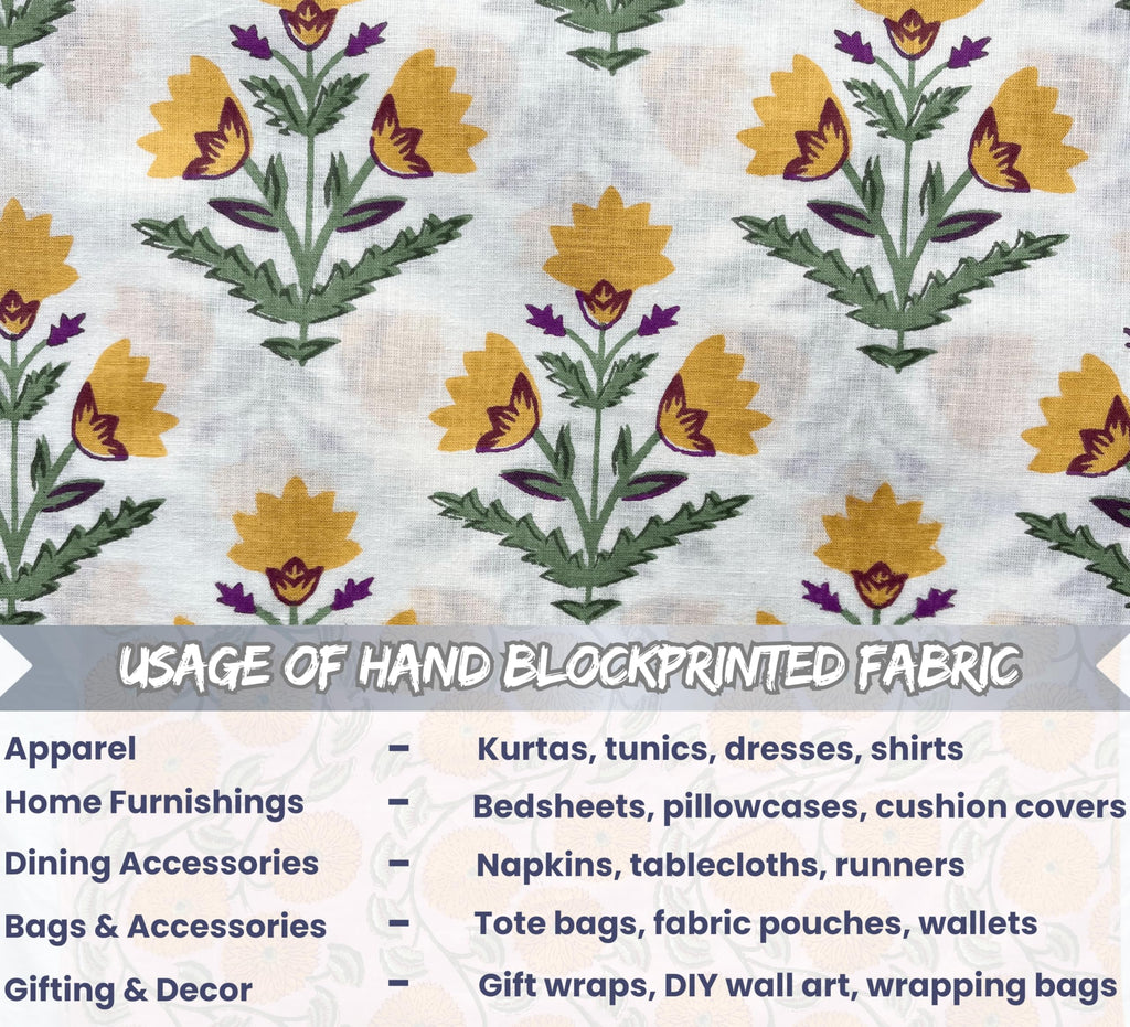100% Cotton Fabric by the Yard, Hand Block Print Fabric for Sewing
