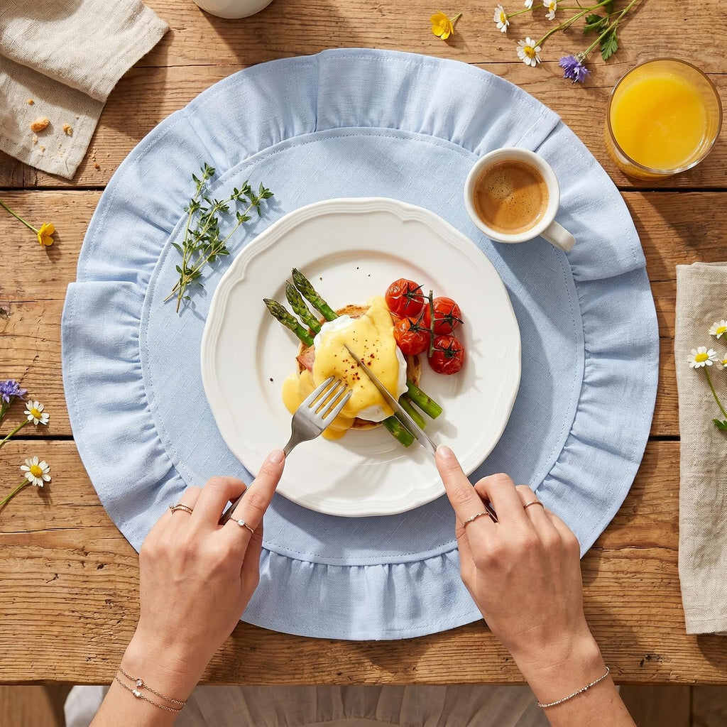 Round Ruffled Linen Blend Placemats, 15 Inch Scalloped Table Mats - Set of 4