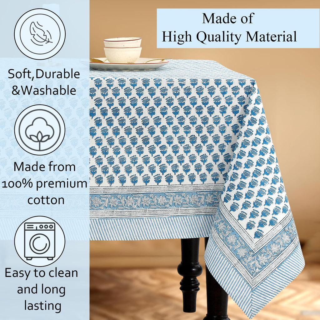 CPC Apatite Blue Block Print 100% Cotton Rectangle Tablecloth 60x90 Inch
