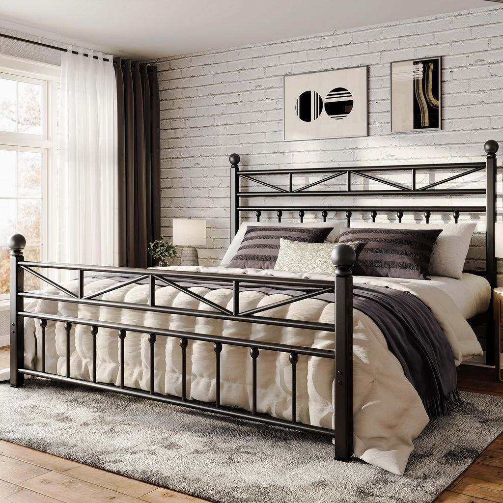 Victorian Metal King Size Bed Frame, Black, 54-Inch Tall Headboard