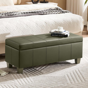 41" Faux Leather Storage Ottoman, Stitch Tufted Rectangle Upholstered End of Bed Storage Bench, Entryway Large Couch