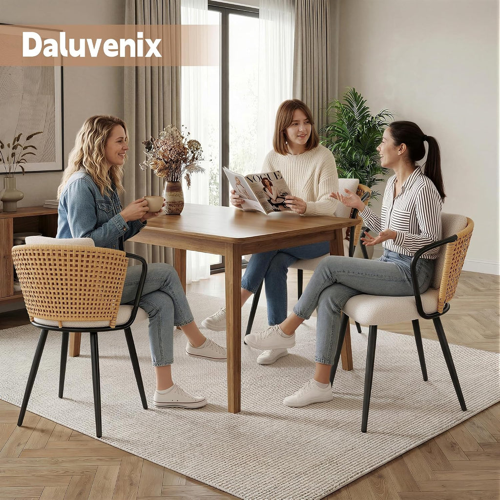 Modern Rattan Dining Chairs Set of 6, Upholstered Kitchen Chair with Metal Legs, Ergonomic Curved Backrest, Mid