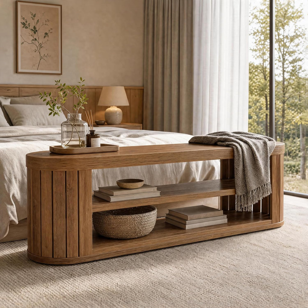 47.2 in. 3-Tier Entryway Bench with Shoe Storage,Farmhouse Wooden Foyer Bench with Adjustable Foot Pads,End of Bed