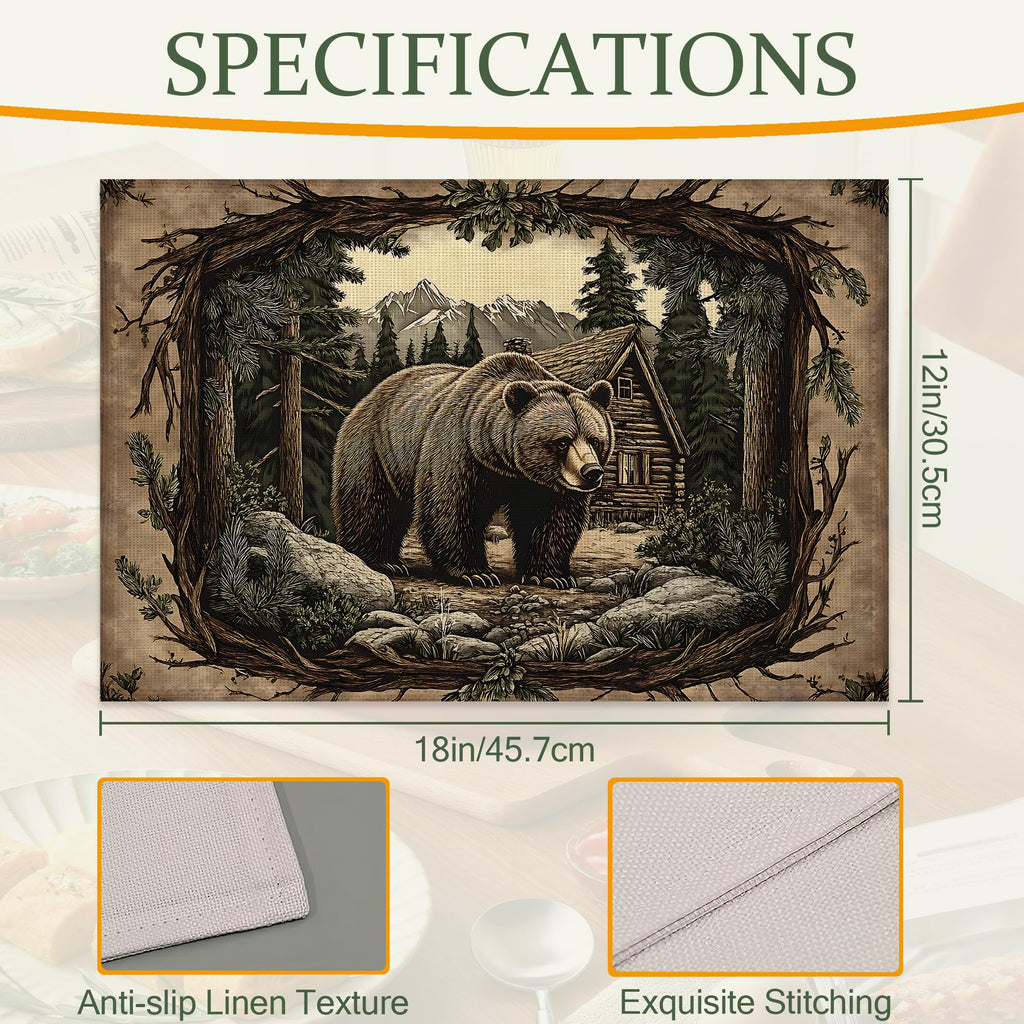 Forest Bear Cloth Placemats,Vintage Wildlife Heat-Resistant Table Placemats Set of 6, Washable Linen Place Mats Table