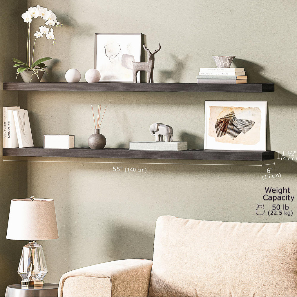 Floating Shelves for Wall, 55 inch 2-Tier Black Shelf, Invisible Brackets, Wood Wall Shelf Organizer, Clearing Clutter