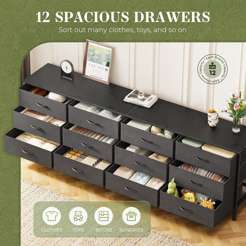 70 Inch Black Dresser, TV Stand for 65, 75, 80 Inch TV, 12 Fabric Drawer Long Dresser, Wide Chest of Drawer, Storage