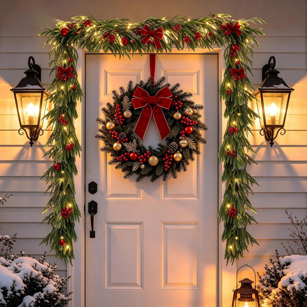 9FT Soft Touch Artificial Norfolk Pine Christmas Garland with Timer Lights