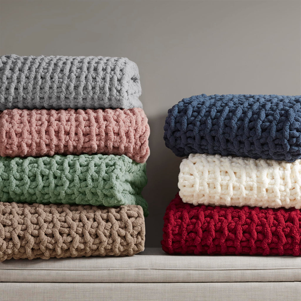 Chenille Chunky Knit Throw Blanket, 50 x 60", Navy Blue