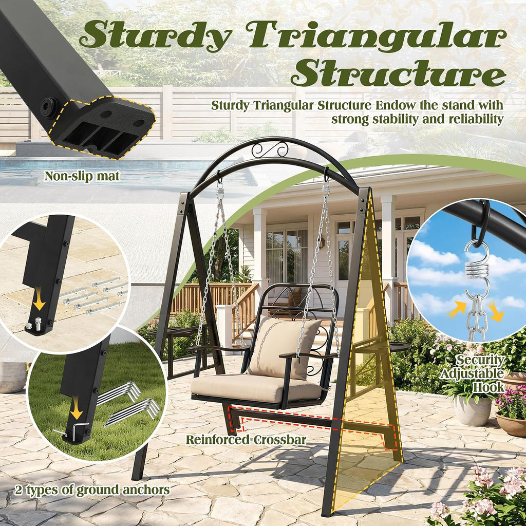 Porch Swing with Stand, Heavy-Duty Metal Patio Swing with Cup Holder | Outdoor Swings Chair for adults with Soft