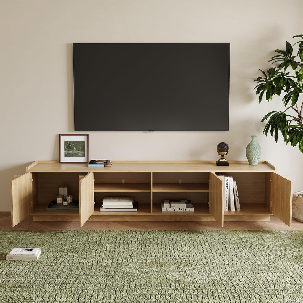 Mid Century Modern Fluted Light Oak TV Stand, Entertainment Center, 79"
