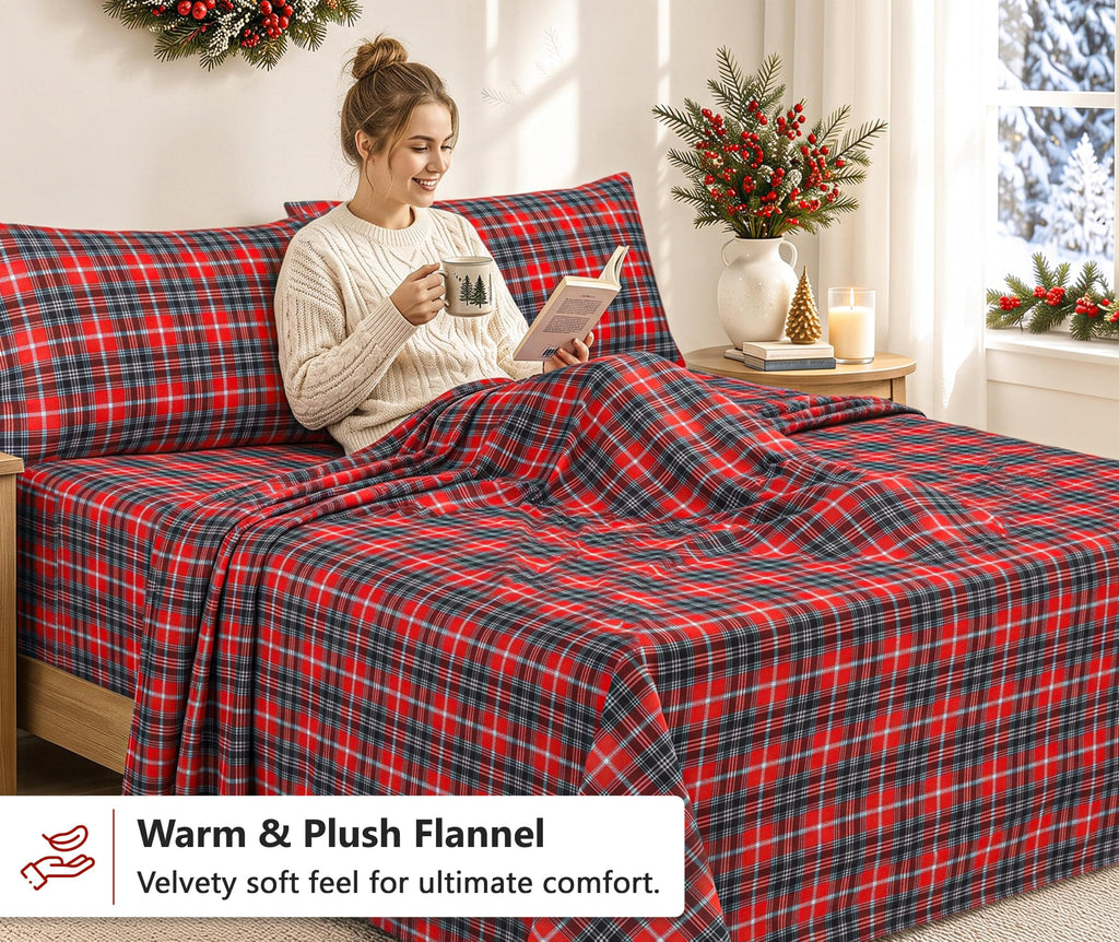 100% Cotton Flannel Sheets Full Size, 4 PCs, Red Plaid