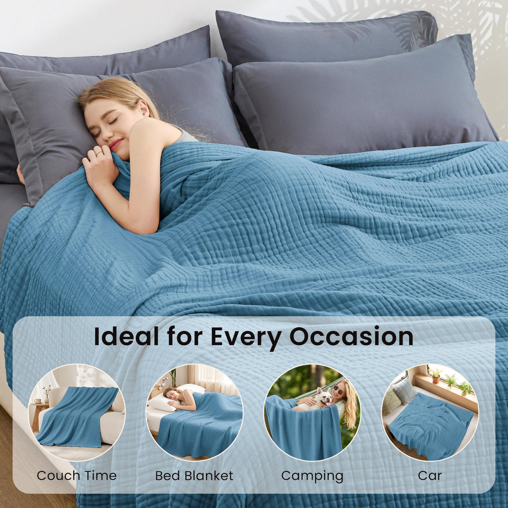 100% Cotton Muslin Blanket Large Throw for Couch, Misty Blue