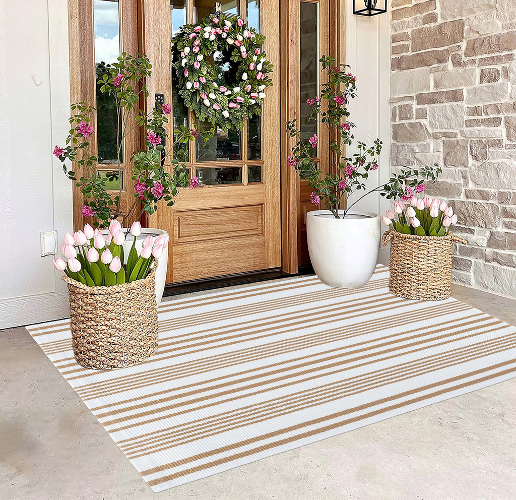 3'x 5'Outdoor Rug, Khaki White Striped Front Porch Mat Indoor Area Rug