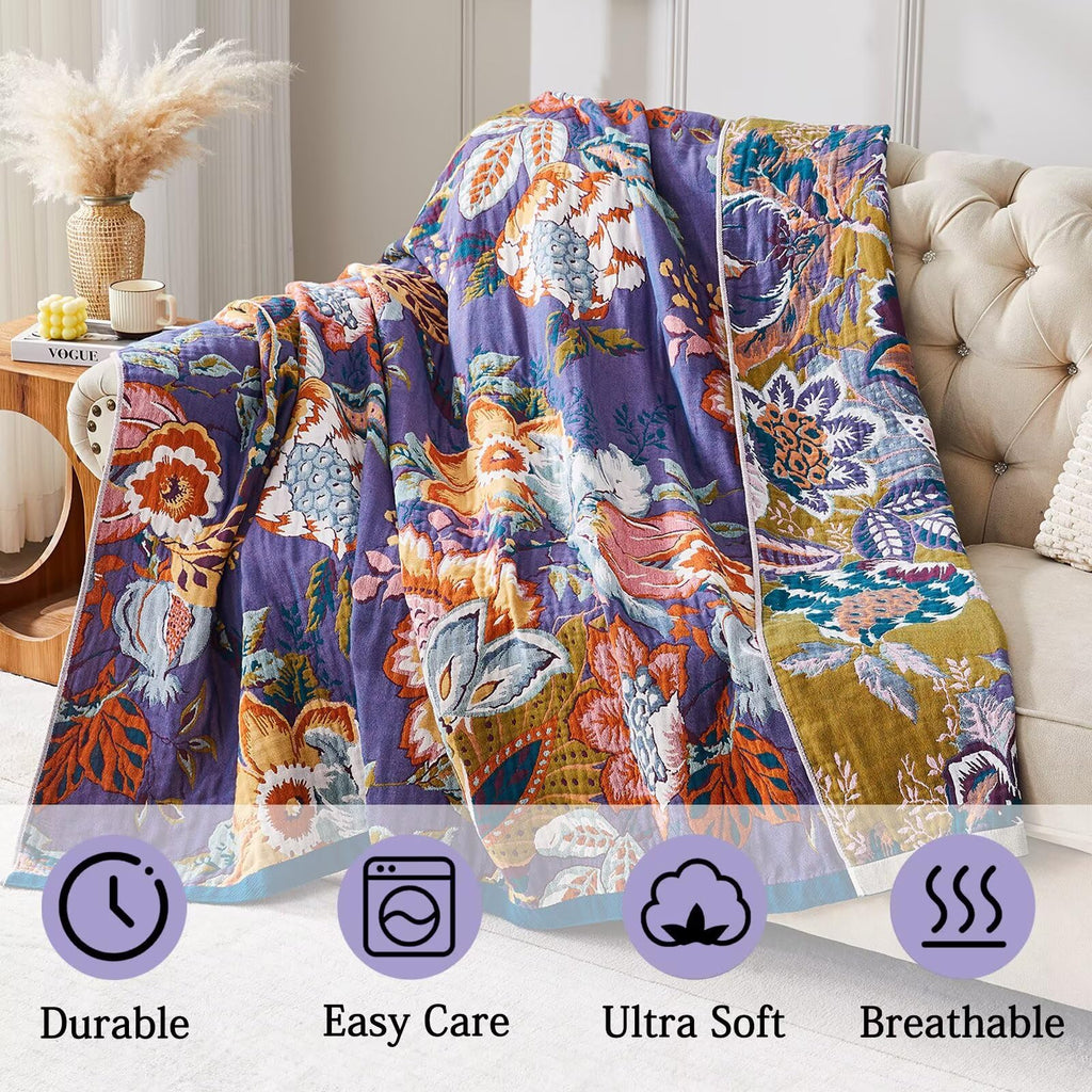 Boho Blanket Soft Muslin BohoThrow Blanket, 100% Cotton Floral Printed Farmhouse Decor All Season Reversible Rustic
