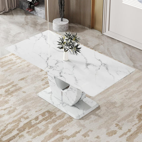 71” Modern Faux Marble Dining Table for 6 - 8, White Rectangle Kitchen Table with Sturdy Pedestal Base, Scratch