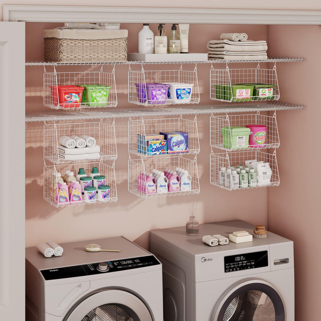 3-Tier Hanging Laundry Basket Organizer:Foldable Wire Shelf Laundry Room Organizer with 360°Rotating Hooks Small