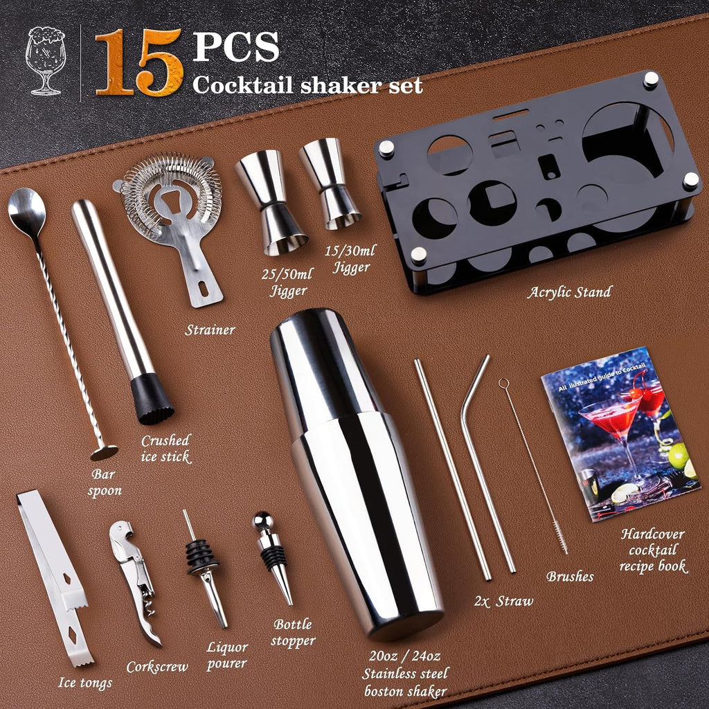 Cocktail Shaker Bartender Kit, Bar Tool with Acrylic Stand - Set of 15