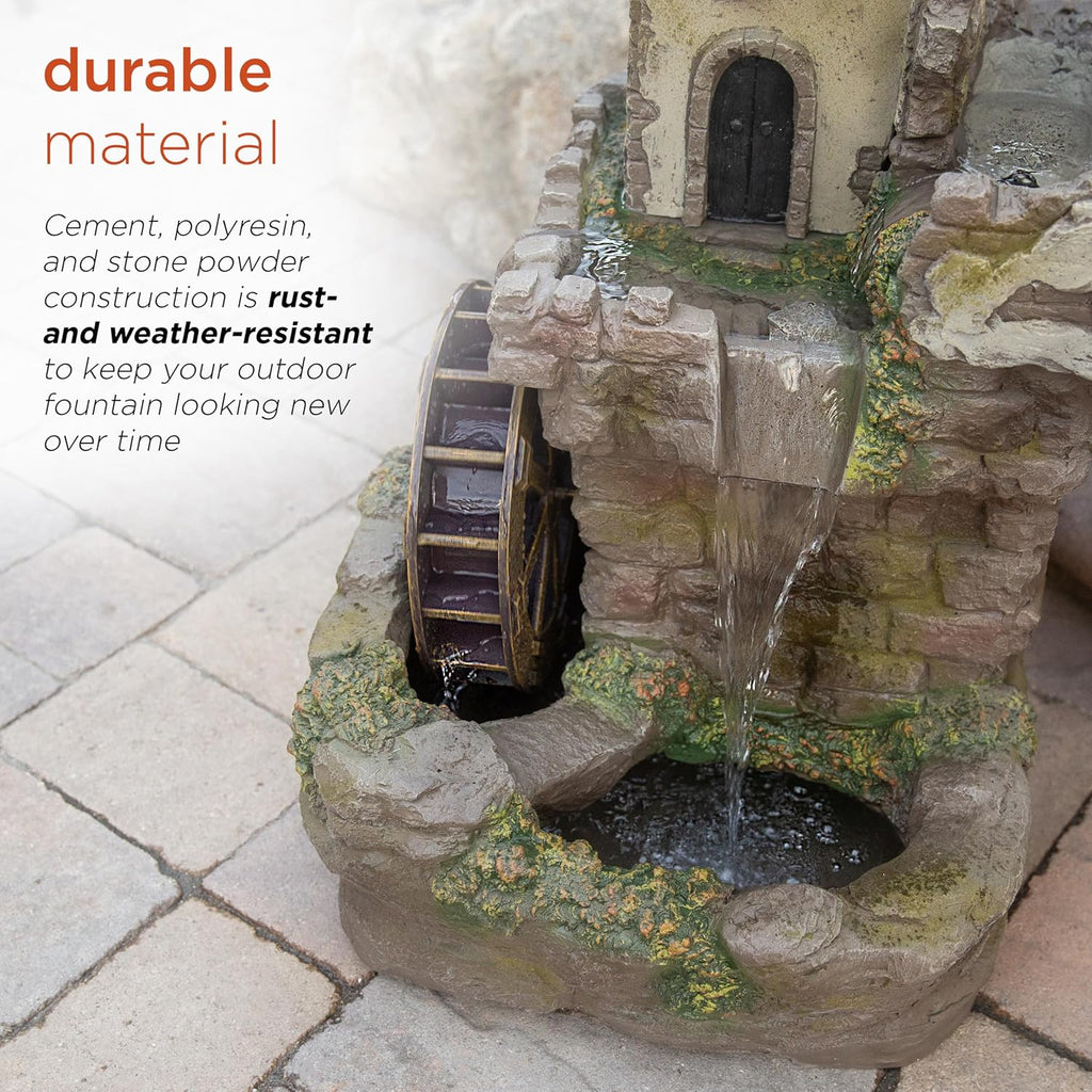 USA1164 Outdoor Floor Tiered Fairy Castle Waterwheel Water Fountain with Realistic Stone Look, 35", Brown