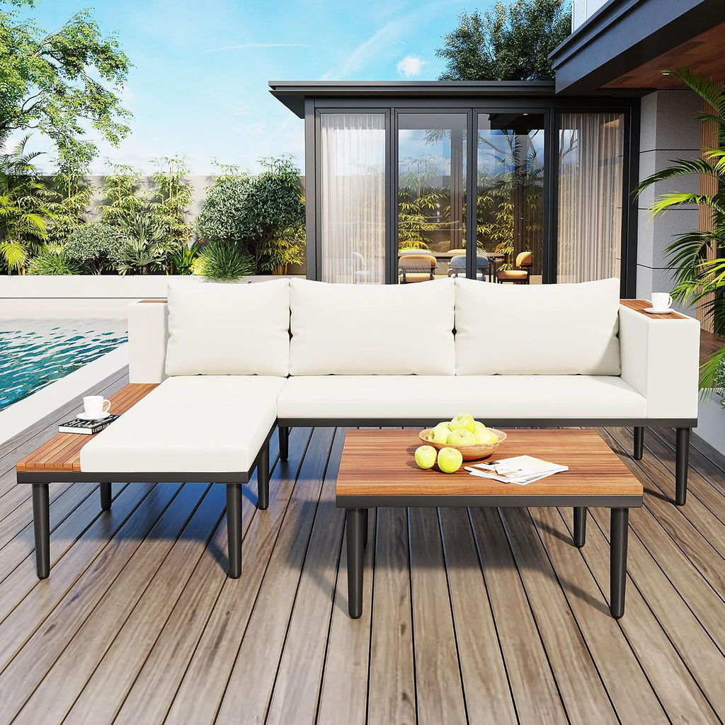 3 Pieces Acacia Wood Sectional Patio Sofa with Coffee Table, Outdoor L-Shaped Sectional Sofa with Side Table