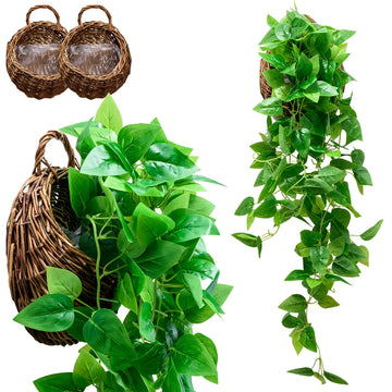 2-Pack Artificial Plants (with Baskets) - Ivy Vines Pothos - Outdoor & Indoor Decorations - Wall Faux Hanging Vine