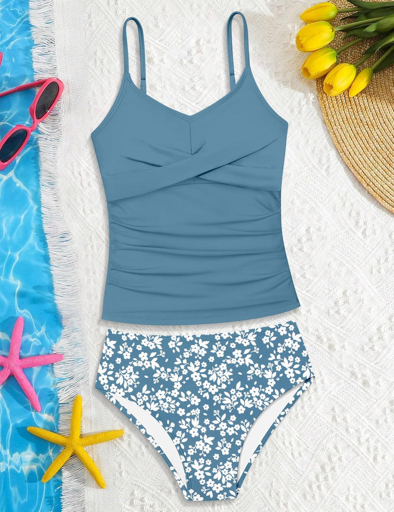 Girls Swimsuit 2 Piece Bathing Suit Criss Cross Ruched Girl Tankini Sets Printed Girls' Swimwear