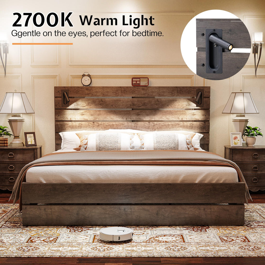 Bed Frame Farmhouse 51" Headboard&Reading Lights, Ash Grey