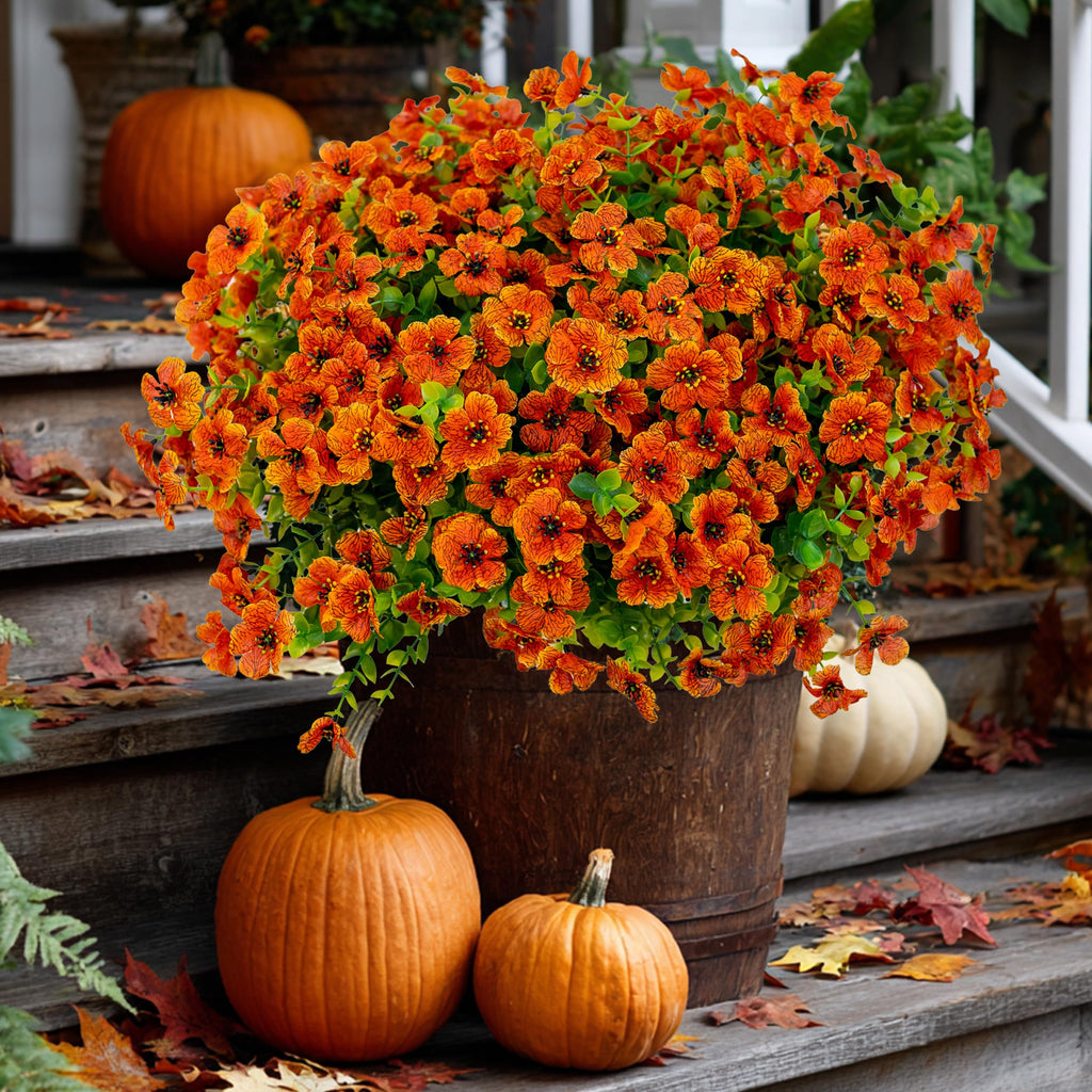 Artificial Mums for Outdoors Fake Fall Flowers Red Orange 16 Pack