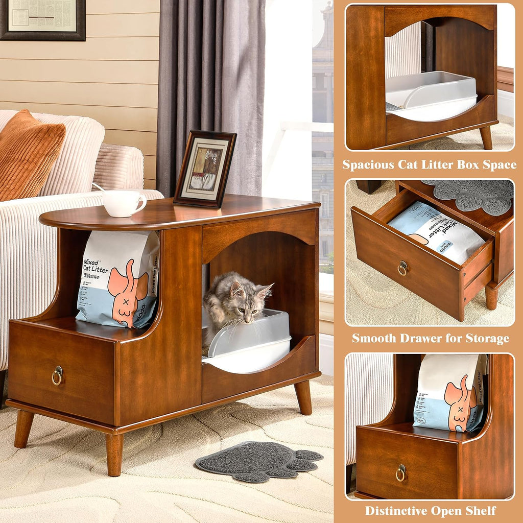 Solid Wood Cat Litter Box Enclosure with Drawer, Wooden Cat Bed