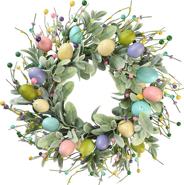 20 Inch Artificial Easter Wreath Spring Wreath with Colorful Eggs Berries Flocked Lambs Ear Leaves for Front Door