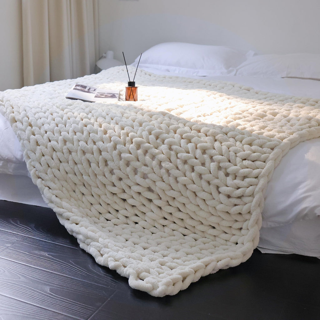 Chunky Knit Throw Blanket for Couch, 50''×60''Knit Throw, Cream