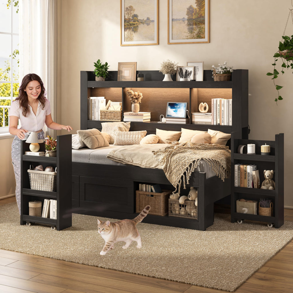 Twin Daybed with Storage Headboard & Hidden Bedside Racks, Black