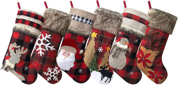 BRvieluck Christmas Stockings Set of 6 Buffalo Red Plaid with Soft Faux Fur for Family Fireplace Hanging Large 20