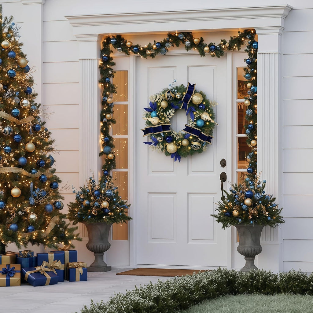 24" Pre-Lit Large Christmas Wreath for Front Door Blue Gold