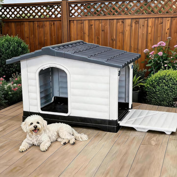 Compact 2-Door Dog House with Fold-Out Porch - Elevated Waterproof Kennel - Weatherproof, Easy Assembly, for Small &