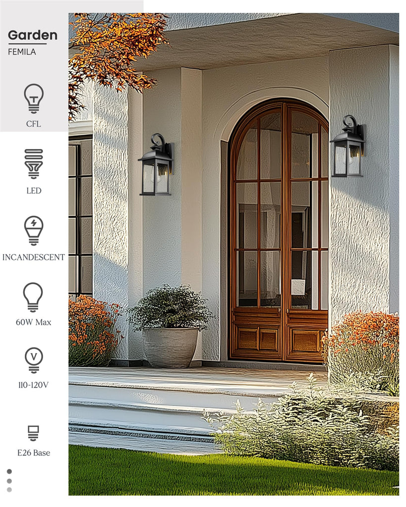 Dusk to Dawn Outdoor Wall Sconce, 15" Matte Black Seeded Glass Outdoor Sconce Lights, Front Porch Light Fixtures Wall
