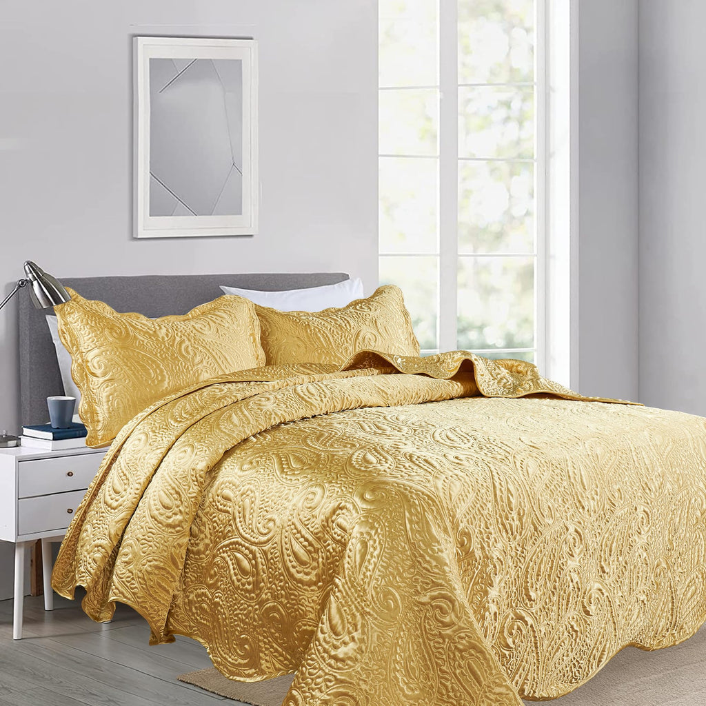 Quilted Satin Bedspread Set - 3-Piece Luxury Reversible Bed Cover, Silky Soft Shiny & Lightweight Quilt for