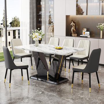 Modern Dining Table Set for 6, 7 Piece Dining Room Table Set, White Marble Dining Room Table Set for 6, 63" Rectangule