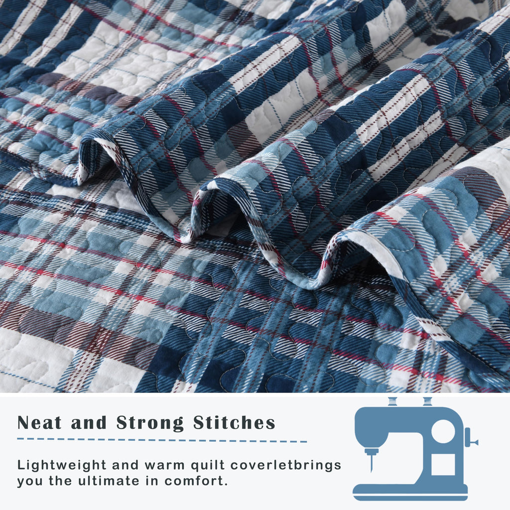 100% Cotton Blue White Red Plaid Quilt, Gingham Comforter