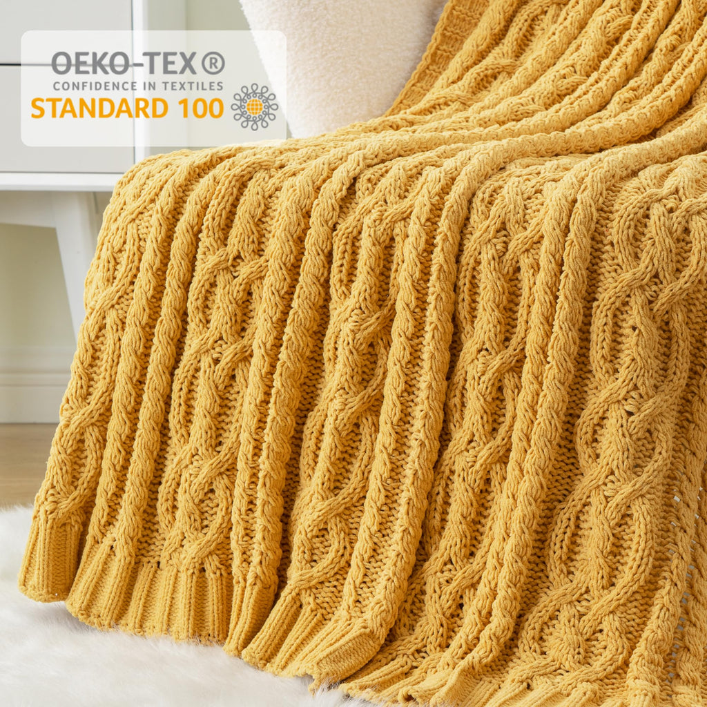 Mustard Yellow Throw Blanket 51"x67" Chenille Knitted Throw Blanket for Couch, Gold Throw Blankets Decor, Summer Fall