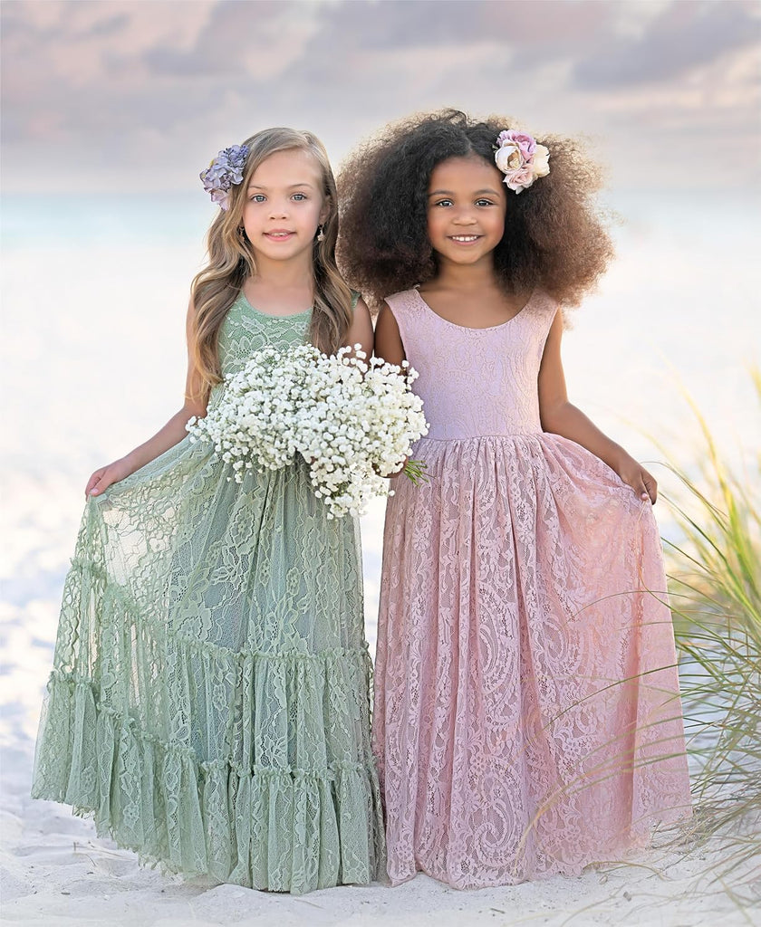 Flower Girl Dress Ruffle Lace Boho Toddler Dresses Sleeveless