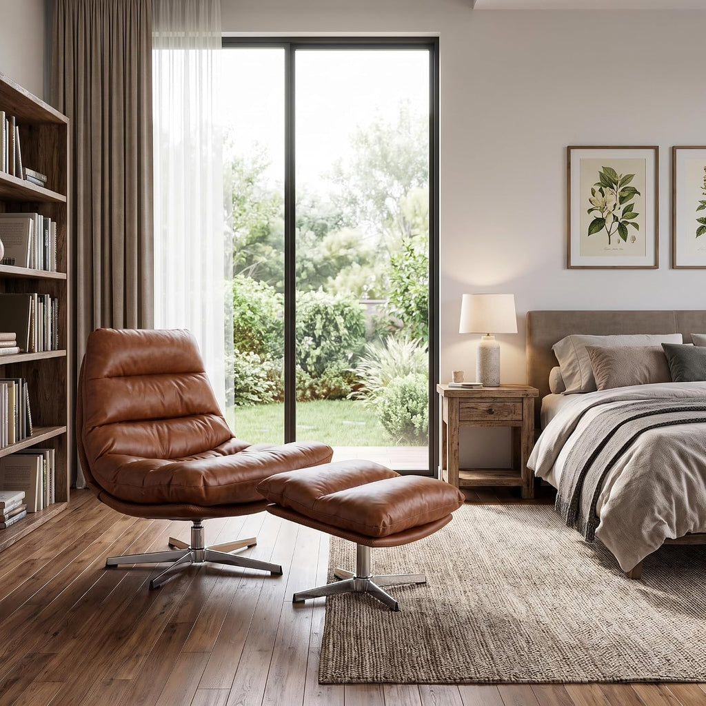 Brown Swivel Lounge Chair with Ottoman Modern PU Leather Accent Chair with Footrest 33'' Wide Oversized Armless
